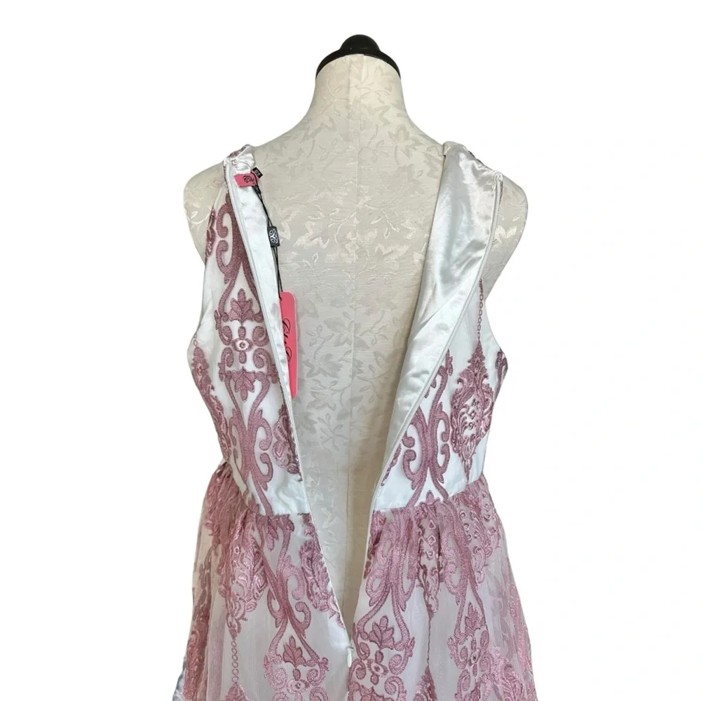 Chi Chi London NEW Pink Halter Dress Tulle Embroidered Overlay Damask Size 16 - Picture 8 of 16